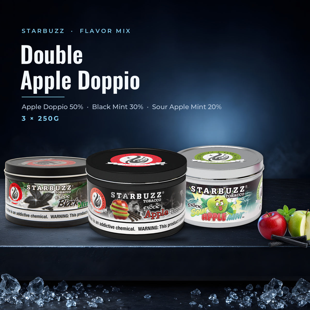 Starbuzz Flavor Mix Double Apple Doppio — Bold Apple Doppio, Bold Black Mint and Sour Apple Mint 250G tins with fruit