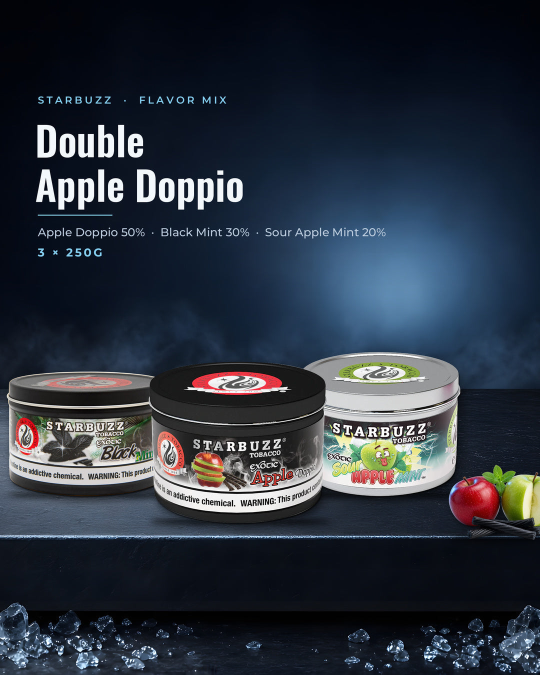 Starbuzz Flavor Mix Double Apple Doppio — Bold Apple Doppio, Bold Black Mint and Sour Apple Mint 250G tins, portrait tile